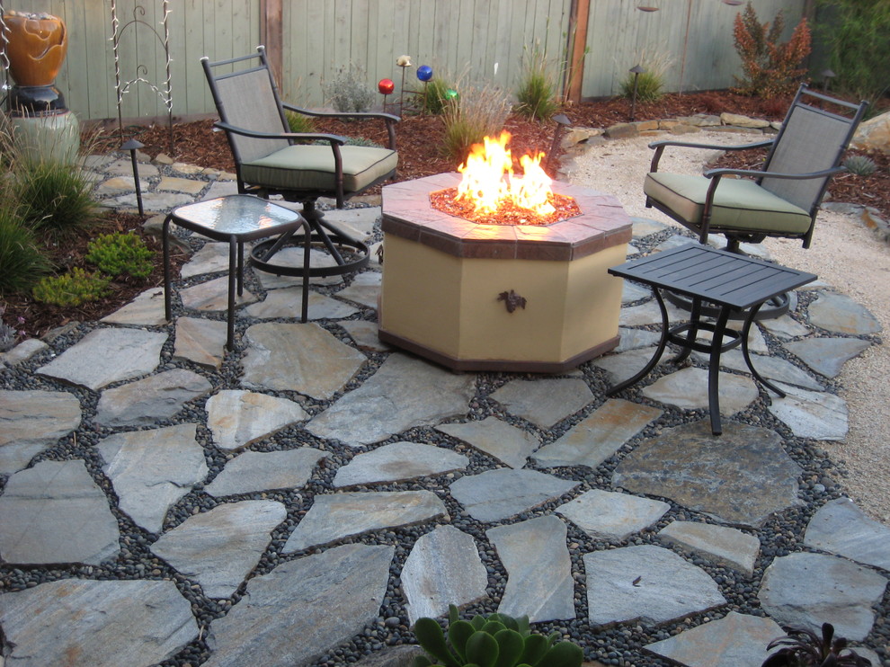 Design ideas for a mid-sized modern backyard patio in San Luis Obispo with a fire feature, natural stone pavers and no cover.