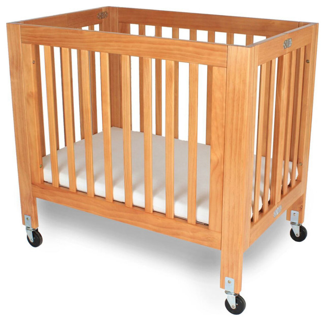 Benzara Slatted Foldable Wood and Metal Crib with Casters, Natural