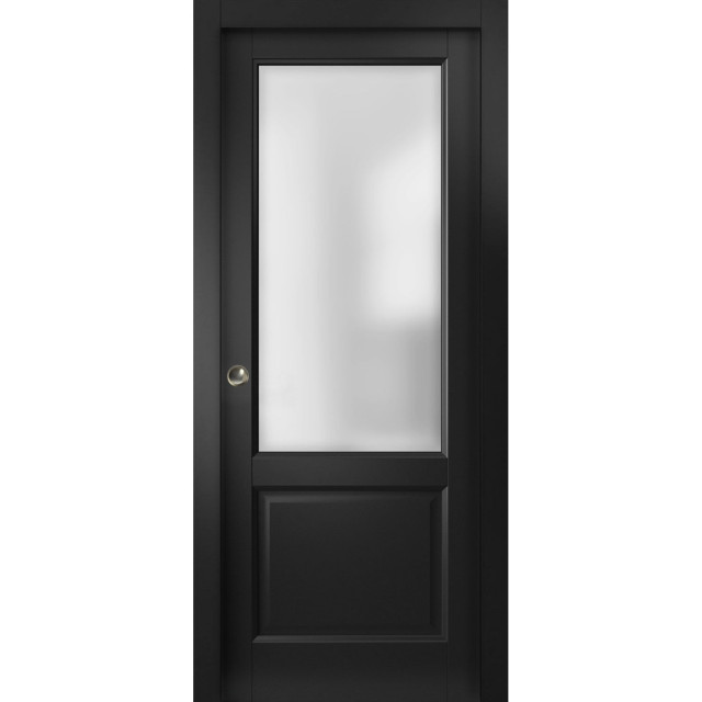 Sliding Pocket Door, Lucia 22 Black Frosted Glass, Rails, 32"x80