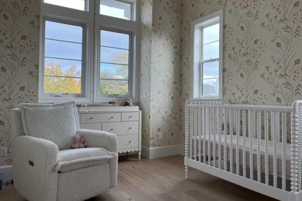 Inspiration for a huge contemporary girl ceramic tile, beige floor, shiplap ceiling and wall paneling nursery remodel in San Diego with brown walls