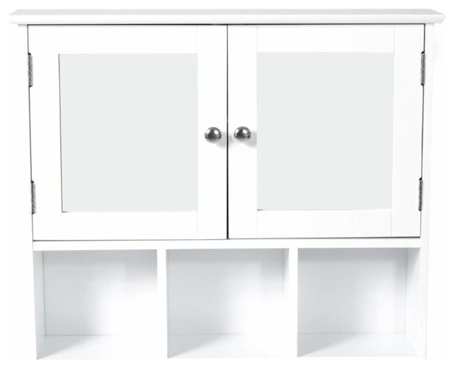 Wall Mounted Storage Cabinet With Mirrored Double Doors and 3 Open Shelves
