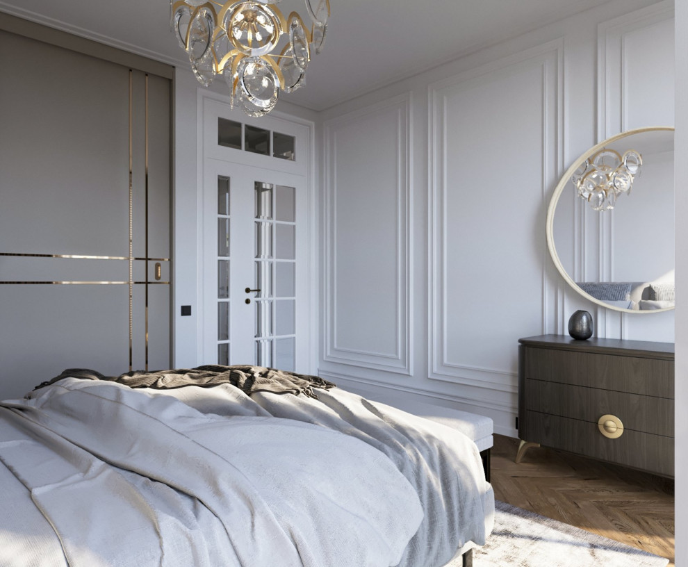 Esempio di una camera matrimoniale minimal di medie dimensioni con pareti bianche, parquet scuro e pavimento marrone