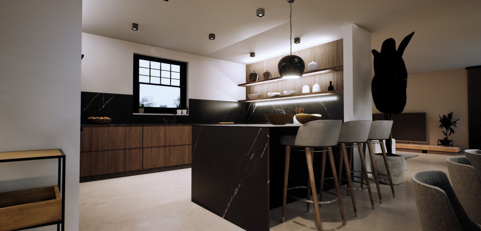 Contemporary u-shaped open plan kitchen in Barcelona with a submerged sink, flat-panel cabinets, dark wood cabinets, engineered stone countertops, black splashback, engineered quartz splashback, stainless steel appliances, concrete flooring, a breakfast bar, grey floors, black worktops and a wallpapered ceiling.