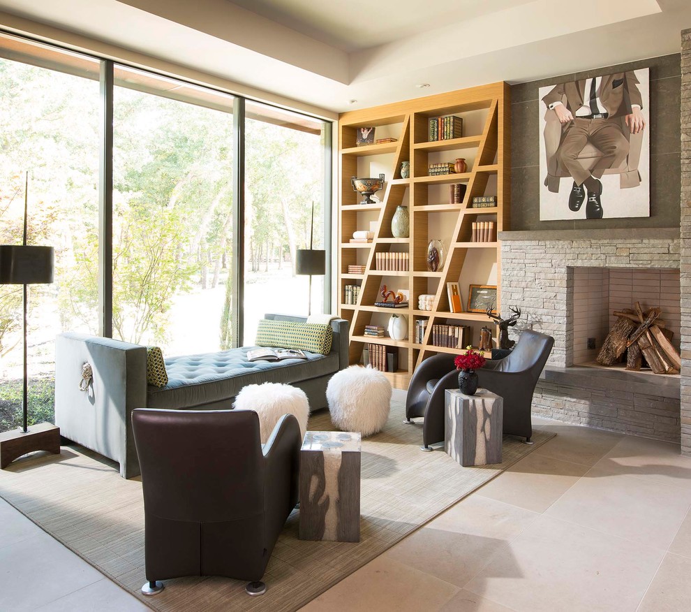 Inspiration for a contemporary family room in Dallas with white walls and a standard fireplace.