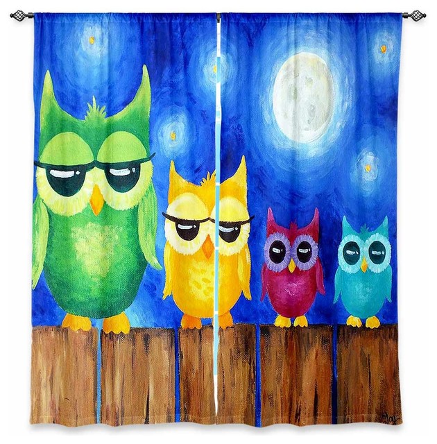 Owls on a Fence Blue Window Curtains, 40"x52", Lined