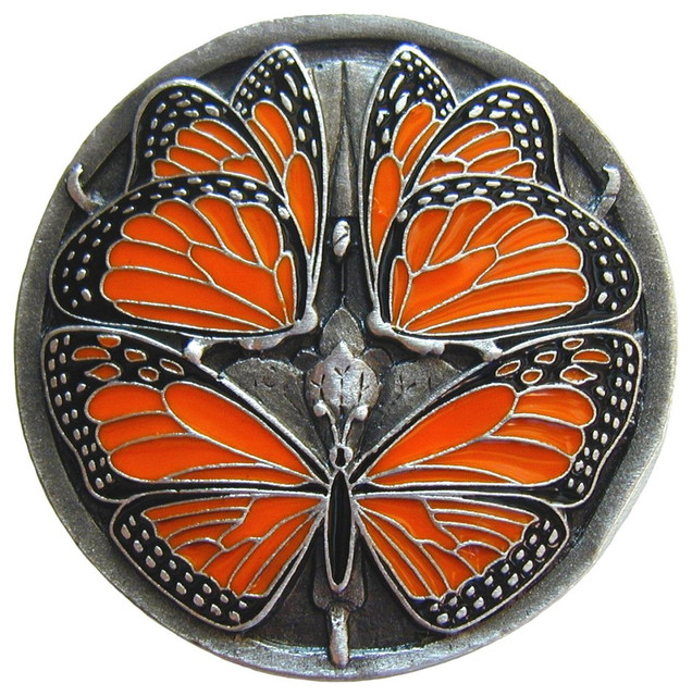 Monarch Butterflies Knob Enameled Antique Brass, Pewter Enameled