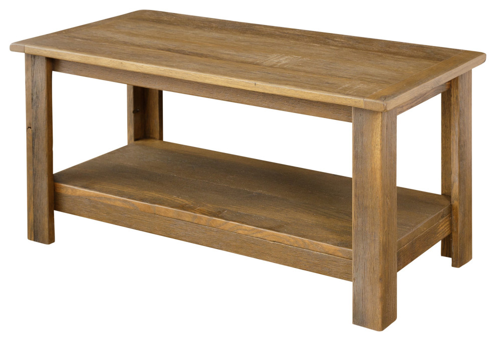 Reclaimed Oak Coffee Table With Shelf, Smoked Hickory Transitional Coffee Tables by