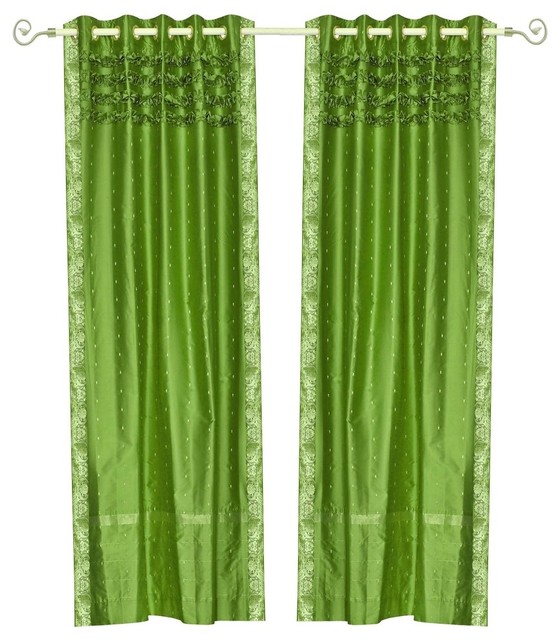Forest Green Hand Crafted Grommet Top Sheer Sari Curtain Panel