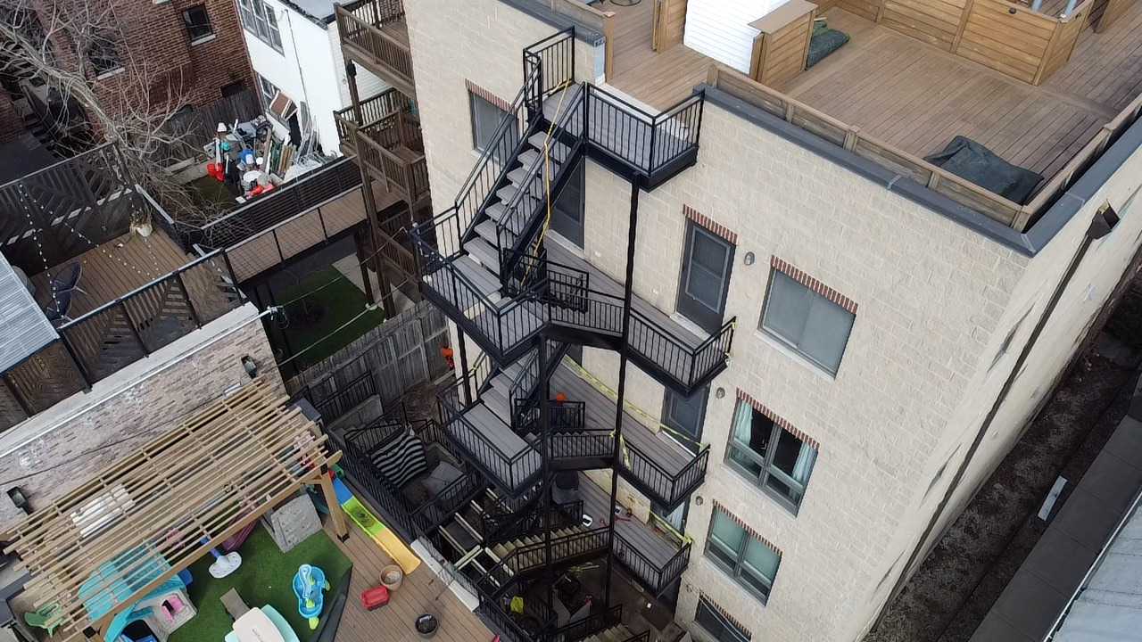 HOA rear balconies and exit stairs Bucktown.