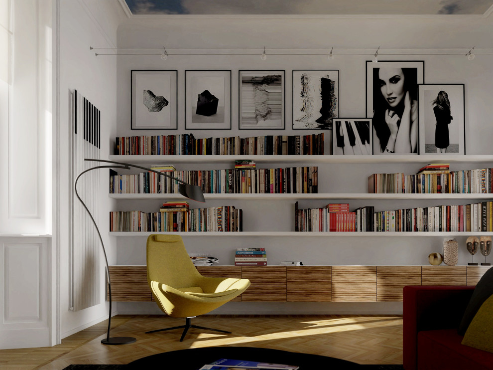 На фото: большая открытая гостиная комната в стиле модернизм с с книжными шкафами и полками, белыми стенами, телевизором на стене, коричневым полом, светлым паркетным полом и потолком с обоями