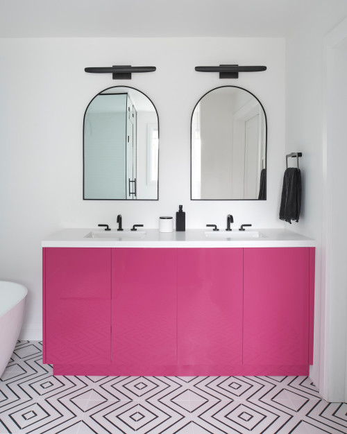 White Contemporary Bathroom with Hot Pink Vanity