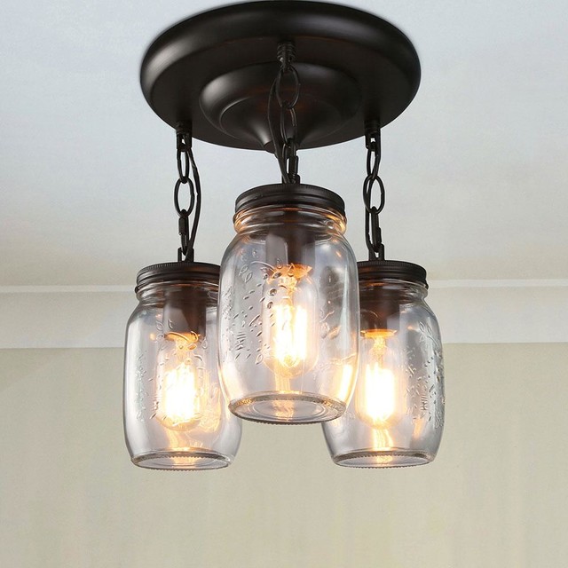 Farmhouse 3 Light Glass Mason Jar Hanging Ceiling Pendant Fixture