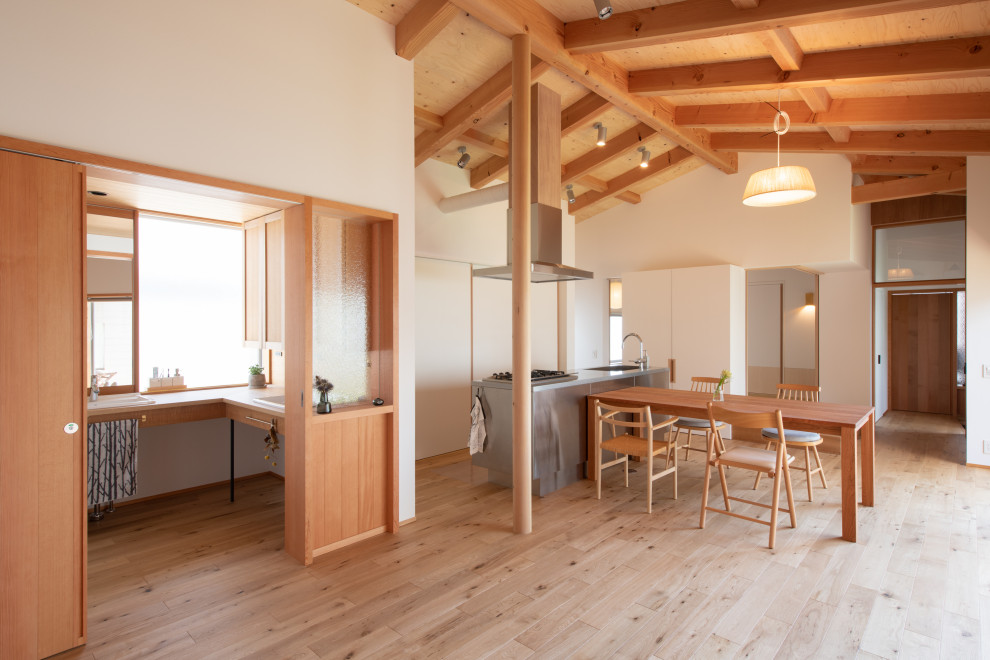 This is an example of an asian l-shaped open plan kitchen in Nagoya with an undermount sink, flat-panel cabinets, white cabinets, stainless steel benchtops, light hardwood floors, with island, beige floor, grey benchtop, exposed beam, vaulted and wood.