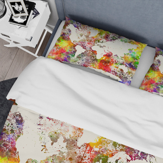 World Map in Great Colors Watercolor Map Duvet Cover Set, Twin + 1 Sham ...
