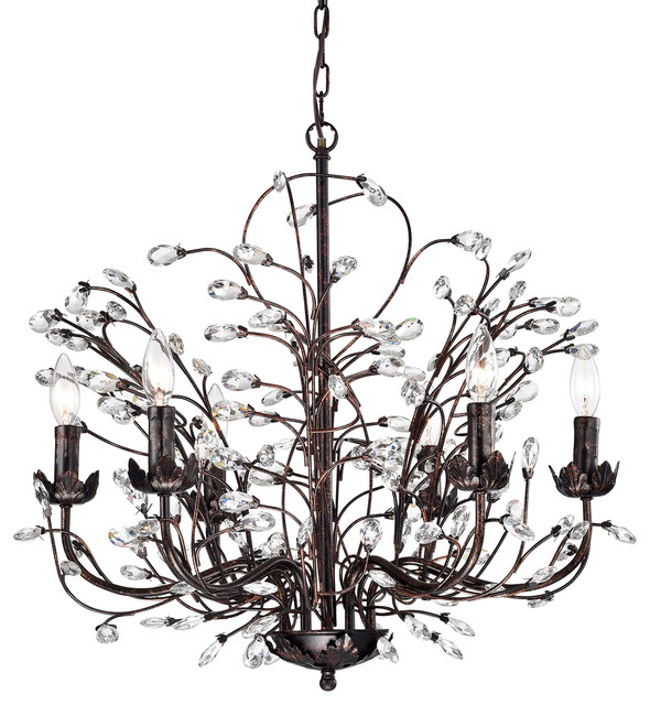 6-Light Antique Copper Chandelier With Vines and Crystals Glam Lighting ...