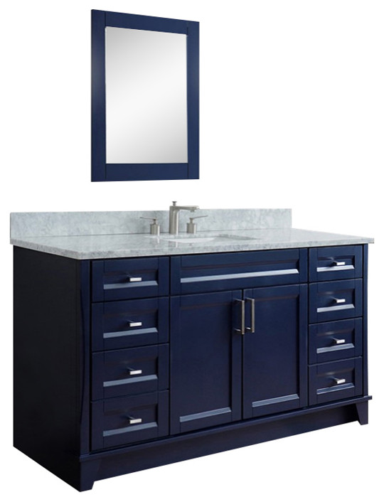 61" Single Sink Vanity, Blue Finish And White Carrara Marble