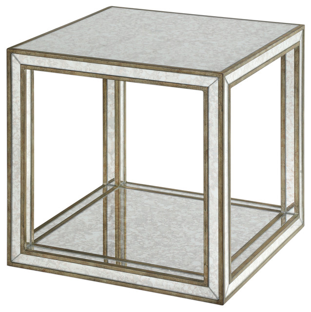 Dazzling Open Cube Mirrored Accent, Mirrored Cube End Table