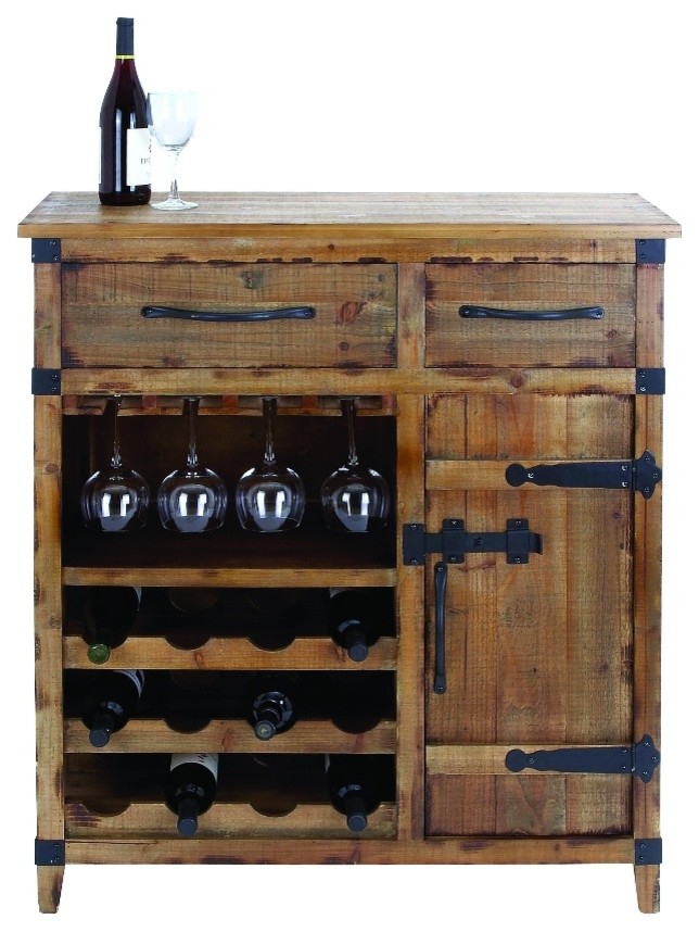 Vintage Style Wine Cabinet Rustic Brown Wood 2 Drawer Bar Decor