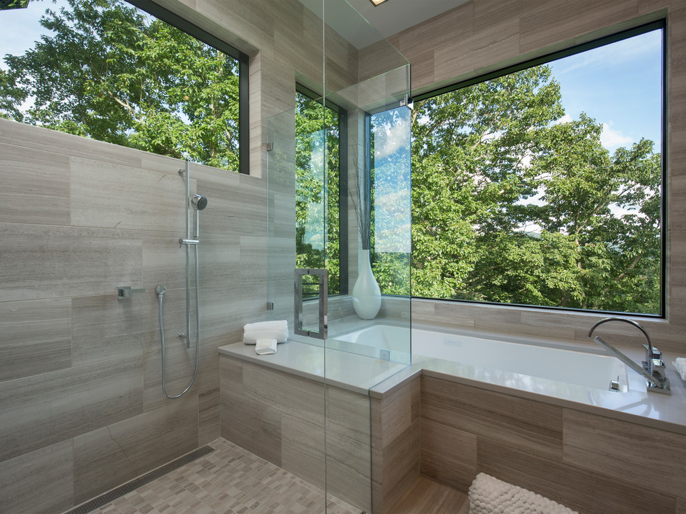 Design ideas for a large transitional master bathroom in Other with flat-panel cabinets, dark wood cabinets, a drop-in tub, a one-piece toilet, beige tile, stone tile, white walls, ceramic floors, a trough sink, engineered quartz benchtops and an alcove shower.