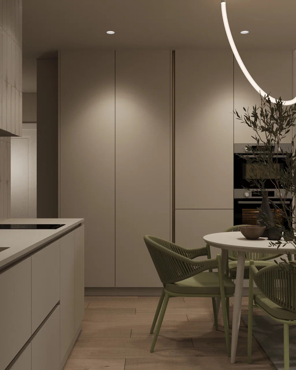 Дизайн кухни-гостиной с акцентным оливковым