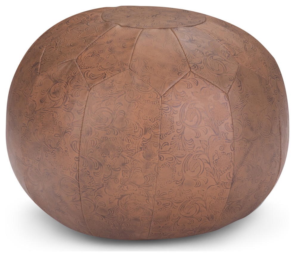 Drury Boho Round Pouf In Brown Patterened Genuine Leather