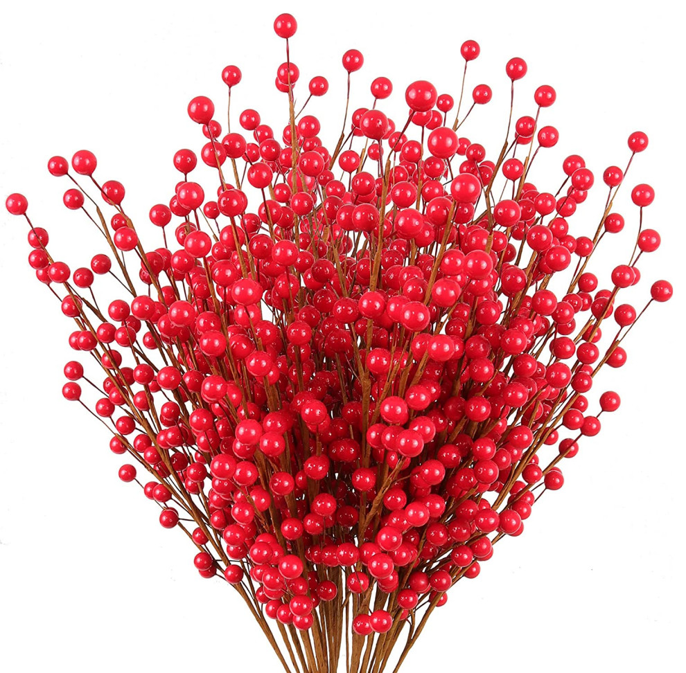12 Red Berry Stems, 19", 100 Wired Stem Branches Traditional