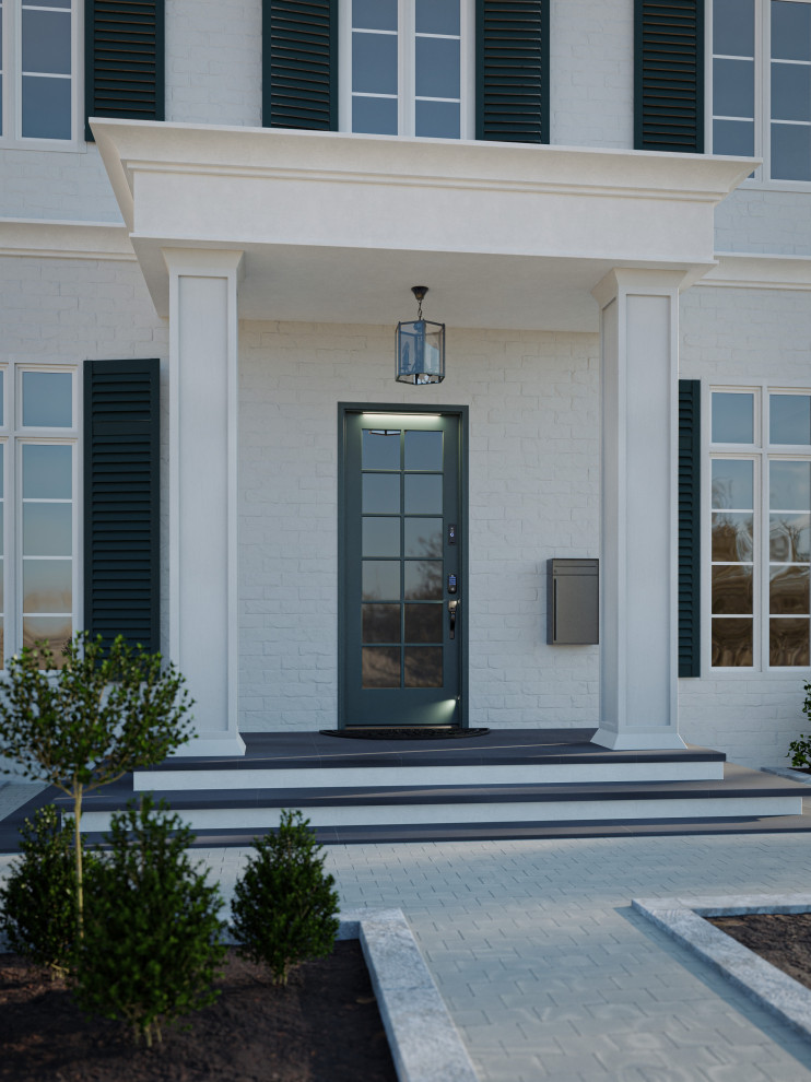 Diseño de entrada moderna con puerta simple y puerta gris