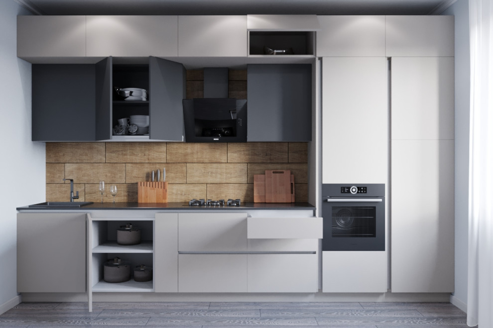 Photo of a medium sized contemporary grey and white single-wall enclosed kitchen in Moscow with a built-in sink, flat-panel cabinets, laminate countertops, brown splashback, ceramic splashback, black appliances, no island and black worktops.