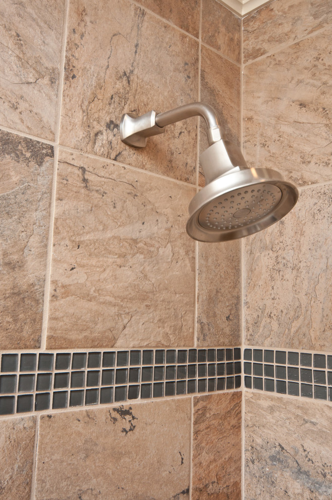 Inspiration for a mid-sized modern bathroom remodel with marble countertops