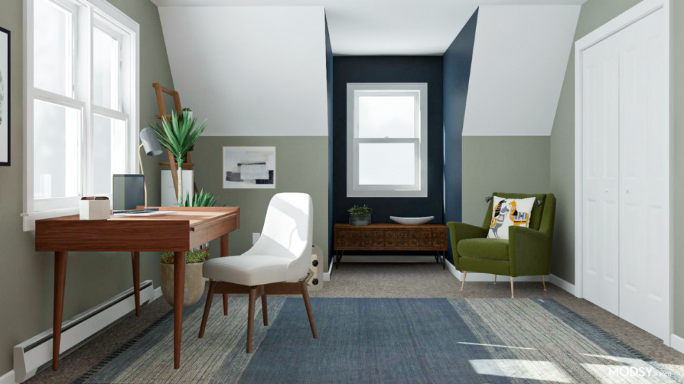 Design ideas for a small midcentury study room in Philadelphia with grey walls, carpet, a freestanding desk and vaulted.