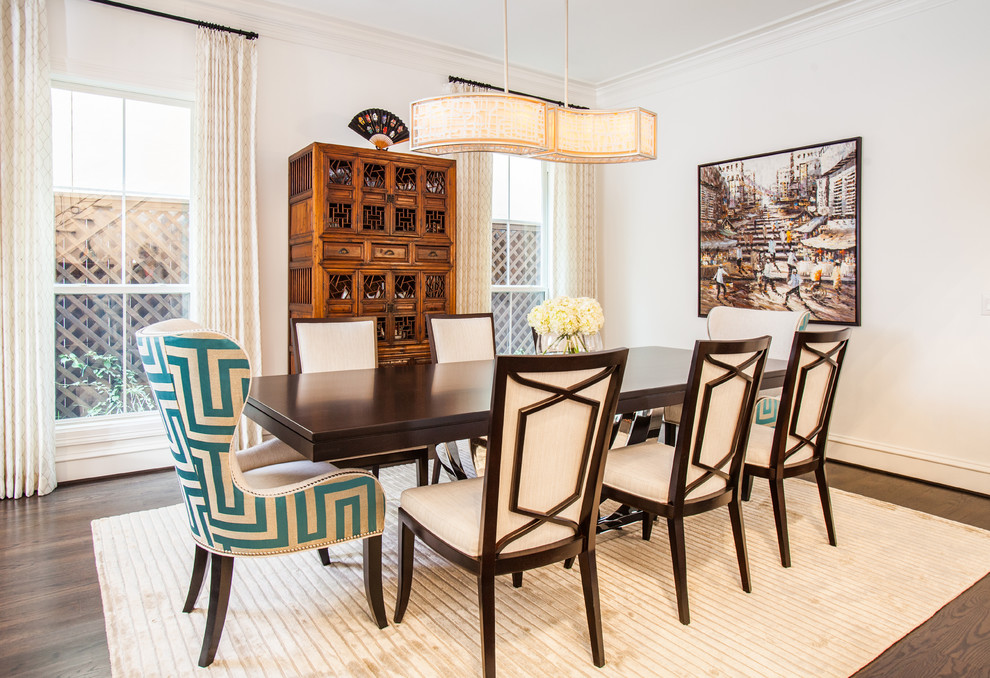 Photo of a transitional dining room in Houston with white walls and dark hardwood floors.