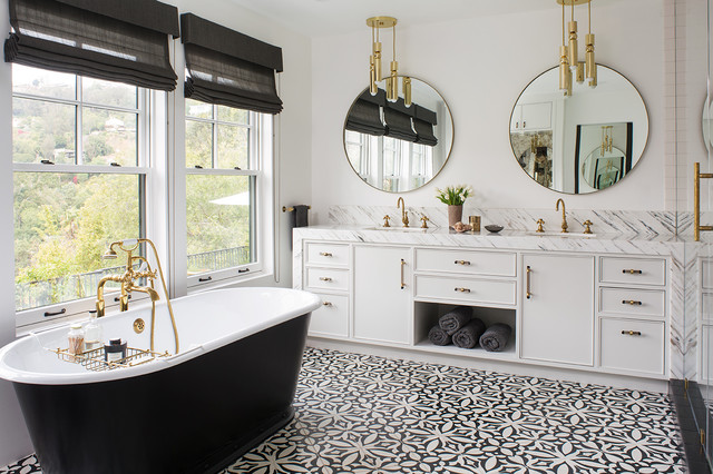 Glam Black-and-White Bathroom Overlooks the Hollywood Hills