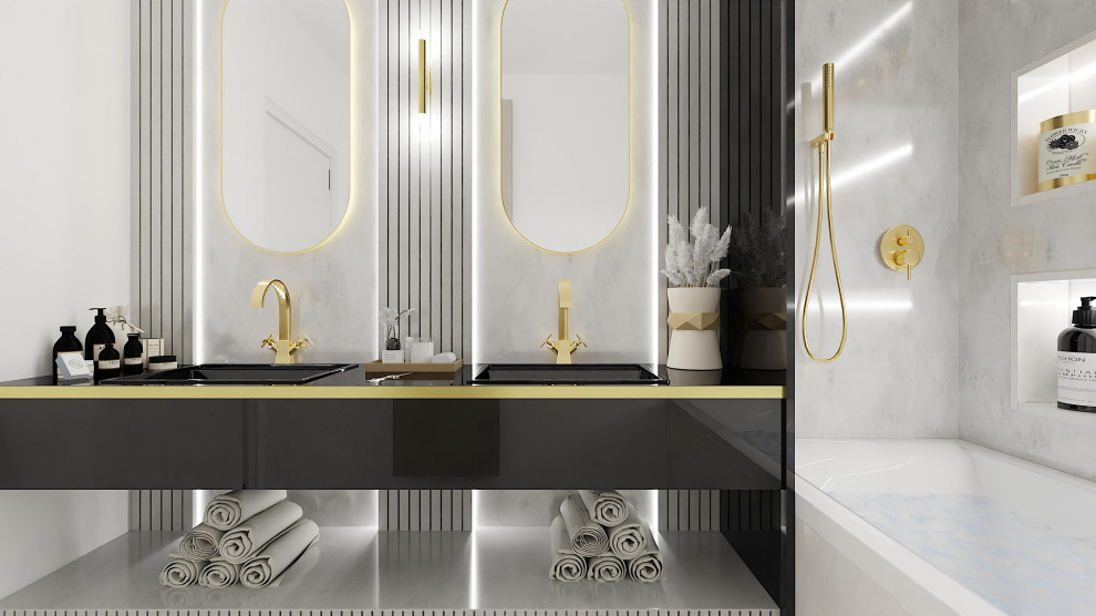 パリにある高級な小さなコンテンポラリースタイルのおしゃれな浴室 (グレーのキャビネット、グレーの壁、横長型シンク、珪岩の洗面台、グレーの床、黒い洗面カウンター、洗面台2つ) の写真