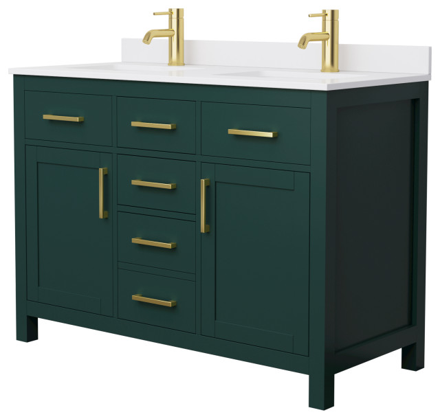 Beckett 48" Double Vanity, Green, White Cultured Marble Top, Gold Trim