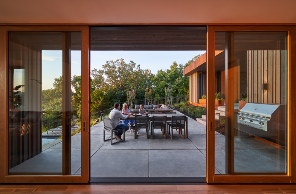 Immagine di un patio o portico minimalista di medie dimensioni e nel cortile laterale con un focolare e lastre di cemento