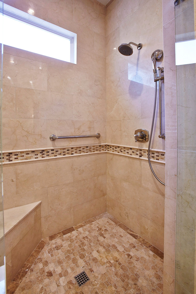 Inspiration for a large timeless master beige tile, brown tile and glass tile porcelain tile and beige floor alcove shower remodel in San Diego with raised-panel cabinets, white cabinets, an undermount tub, beige walls, an undermount sink, granite countertops and a hinged shower door