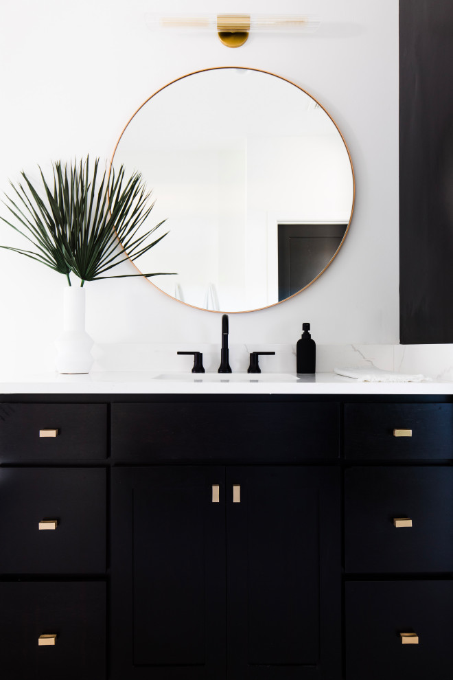 Inspiration for a large transitional master white tile and ceramic tile ceramic tile, gray floor and double-sink freestanding bathtub remodel in Phoenix with shaker cabinets, black cabinets, quartz countertops, white countertops and a built-in vanity
