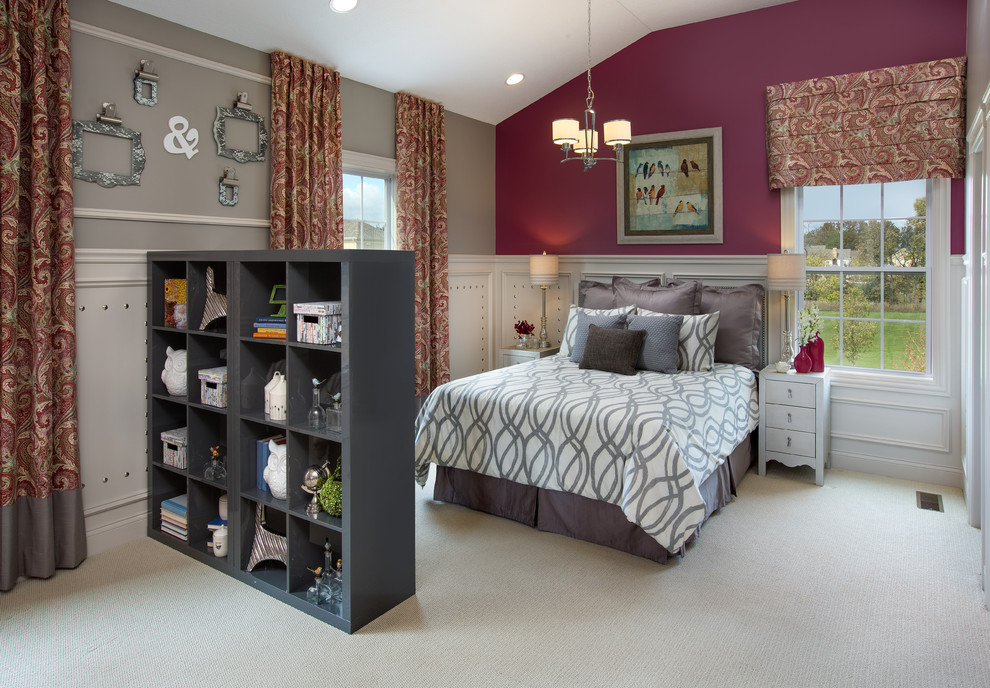 Photo of a large transitional teen room for girls in Columbus with carpet and multi-coloured walls.
