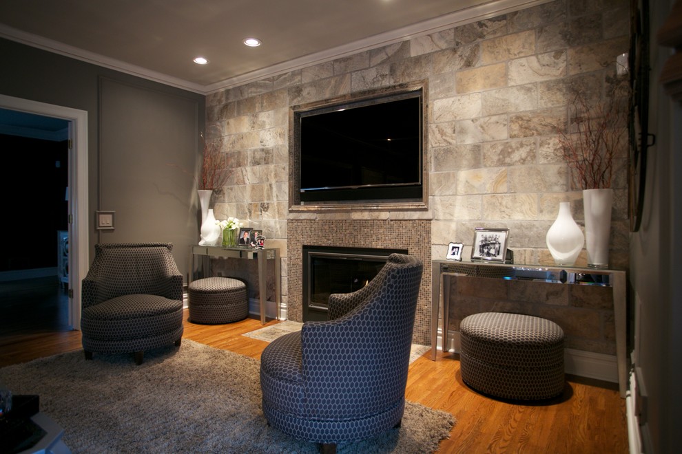 Stone Tile Wall Living Room with Embedded TV and Fireplace