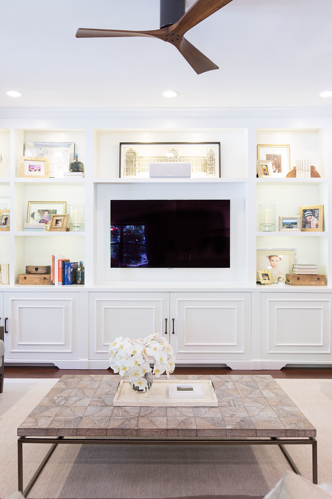 Inspiration for a mid-sized transitional formal dark wood floor living room remodel in Orlando with white walls and a wall-mounted tv