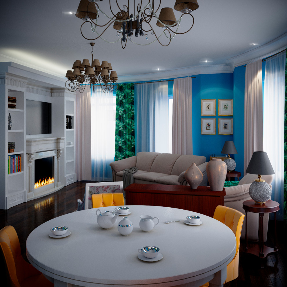 Кухня-гостиная в голубом цвете