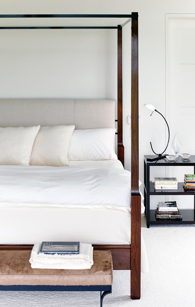 Inspiration for a transitional master bedroom in Atlanta with white walls, carpet and white floor.