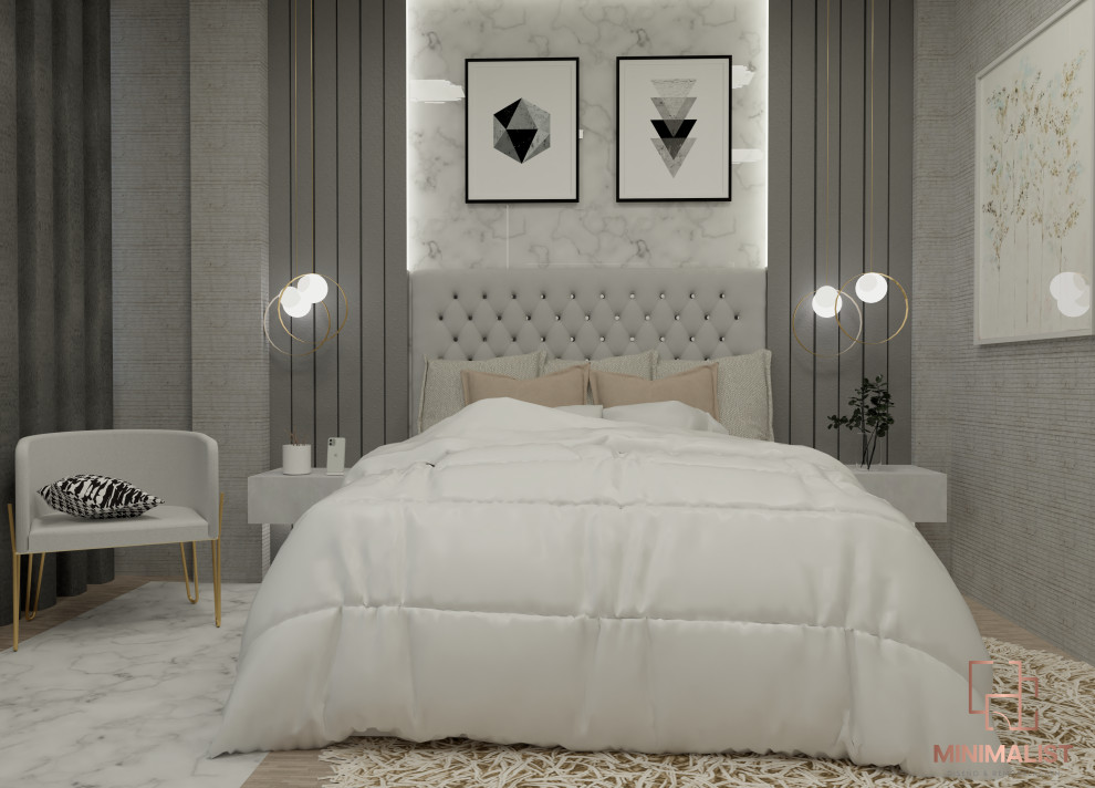 На фото: хозяйская, серо-белая спальня среднего размера в скандинавском стиле с серыми стенами, мраморным полом, белым полом и кирпичными стенами