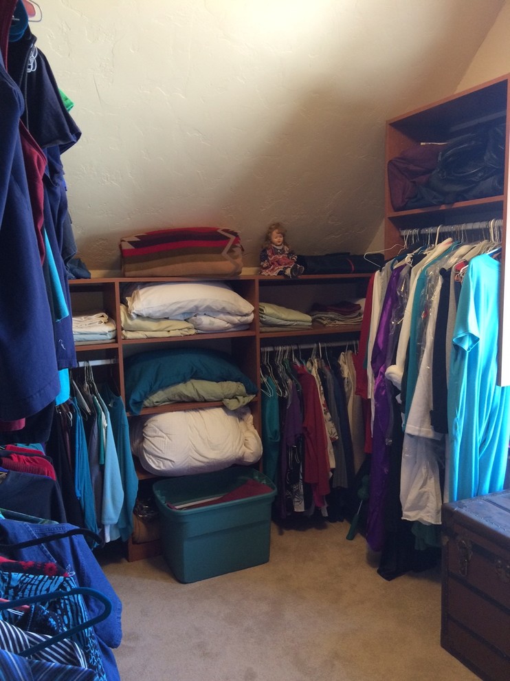 Design ideas for a mid-sized traditional gender-neutral walk-in wardrobe in Boise with carpet.