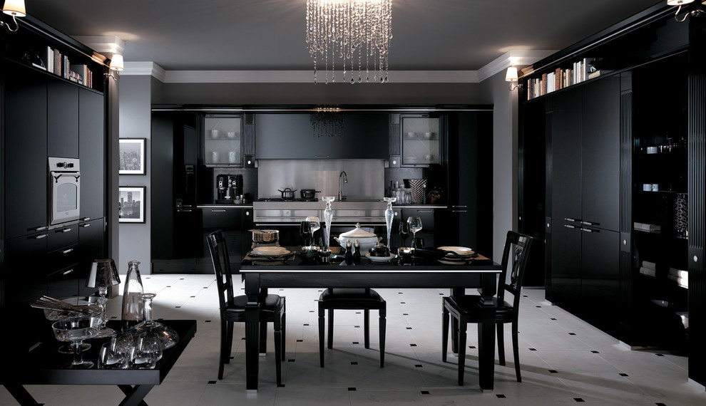Photo of a mid-sized traditional u-shaped eat-in kitchen in Melbourne with a double-bowl sink, raised-panel cabinets, black cabinets, granite benchtops, metallic splashback, stainless steel appliances, ceramic floors and multiple islands.
