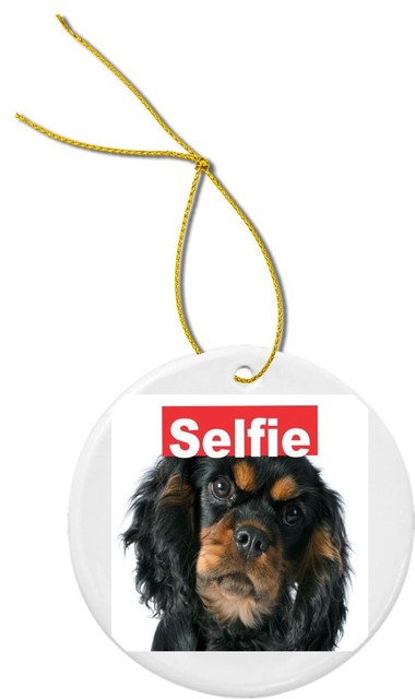 Selfie Cavalier King Charles Dog Round Porcelain Christmas Ornament