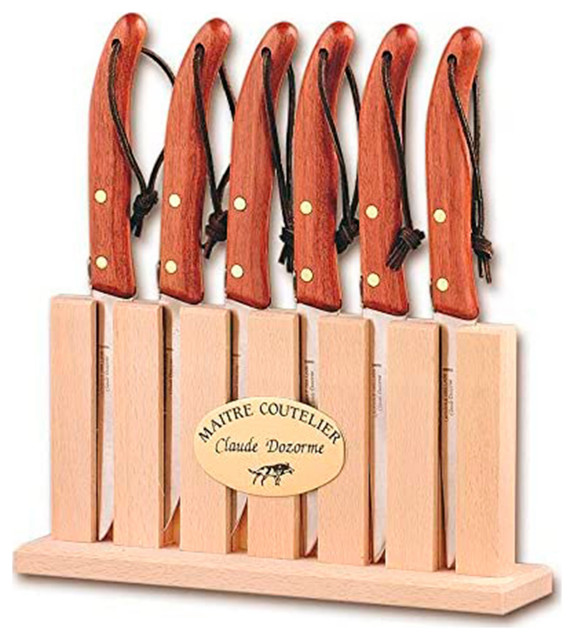 Claude Dozorme 6Piece Steak Knife Set With Exotic Wood Handle in a Wooden Rack Contemporary