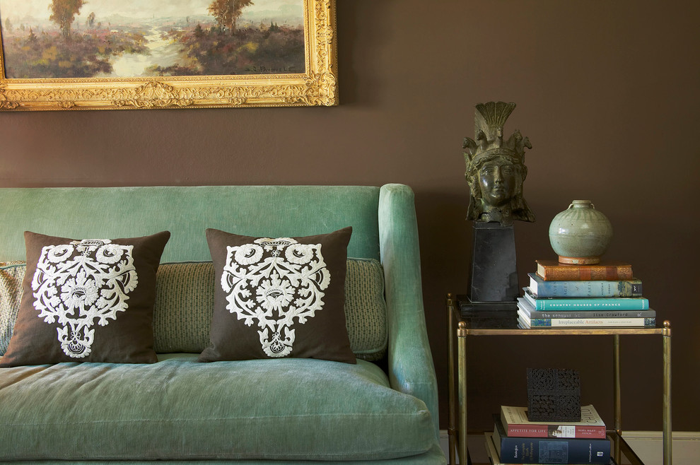 Inspiration for a mid-sized eclectic formal enclosed living room in San Francisco with brown walls and carpet.