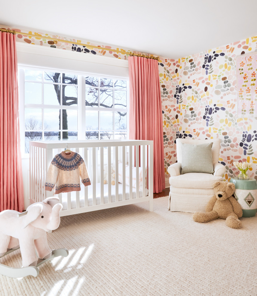Inspiration for a traditional nursery for girls in New York with multi-coloured walls, medium hardwood flooring, brown floors and wallpapered walls.