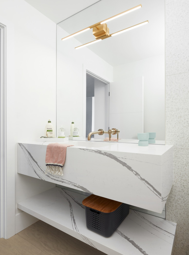 White & Grey Quartz Floating Vanity with Open Storage Modern Powder